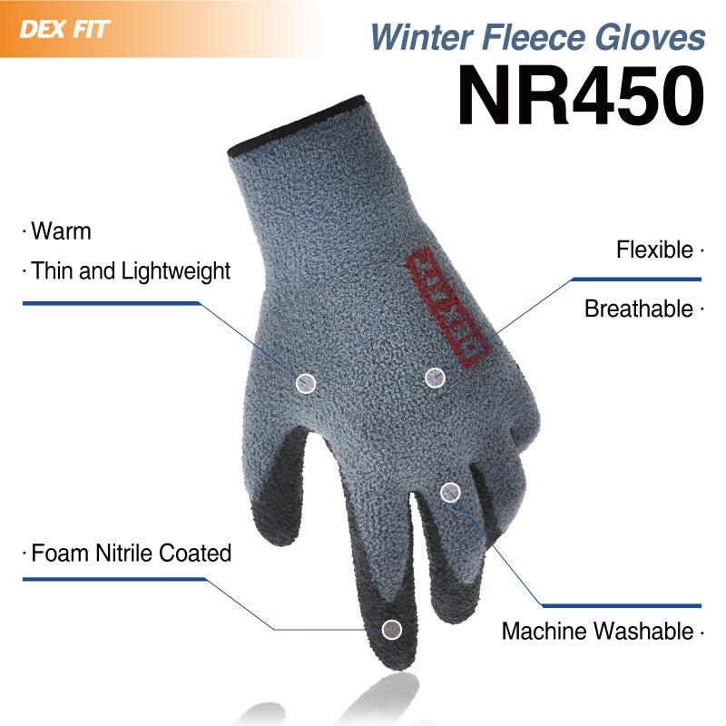 DEX FIT NR450 Warm Fleece Work Gloves, Comfortable and Stretchy Fit, Firm Grip, Thin & Lightweight, Durable Water-Based Nitrile Rubber Coated, Machine Washable; Grey 9 (L) 3 Pairs - Image 2